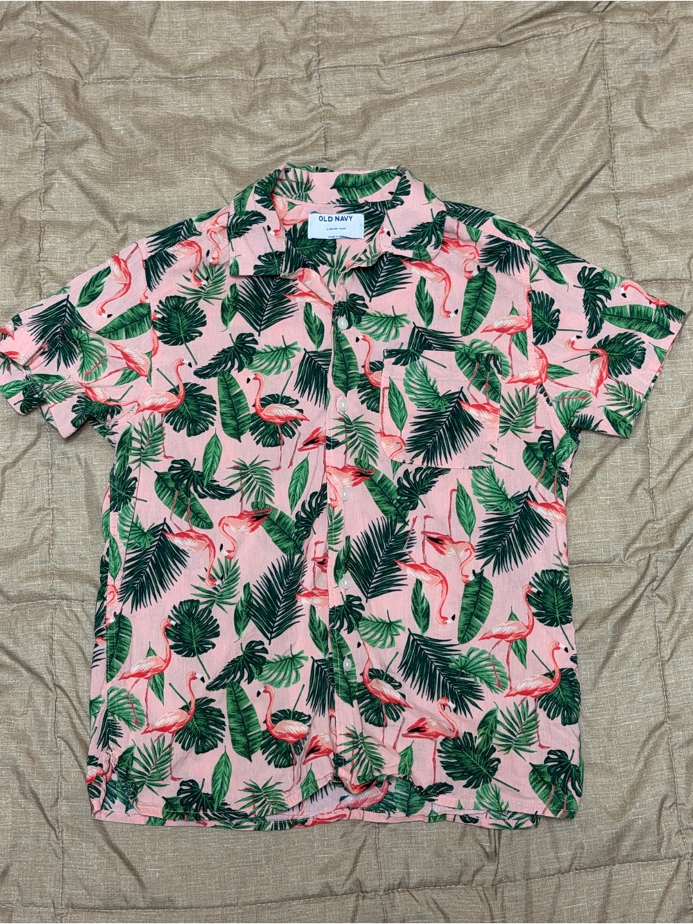 Old Navy Pink Flamingo Print Short-Sleeve Button-Up Shirt Boy’s Large Plus 10-12
